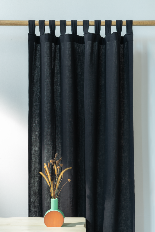 Black Boho Curtains | Made from Soft and Semi-Sheer 100% Organic Cotton Muslin Fabric
