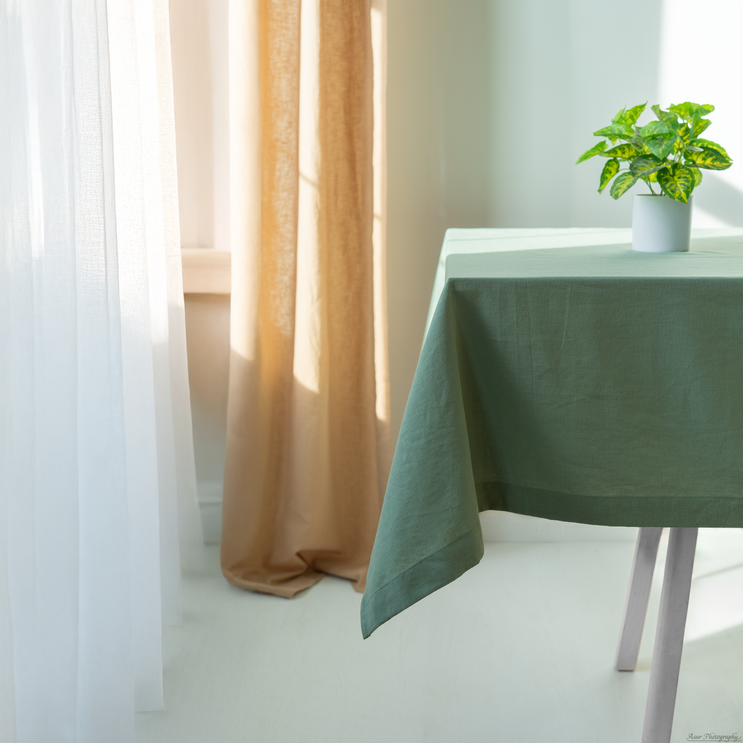 Green Tablecloth | %100 Natural Organic Cotton&Linen Blend Fabric
