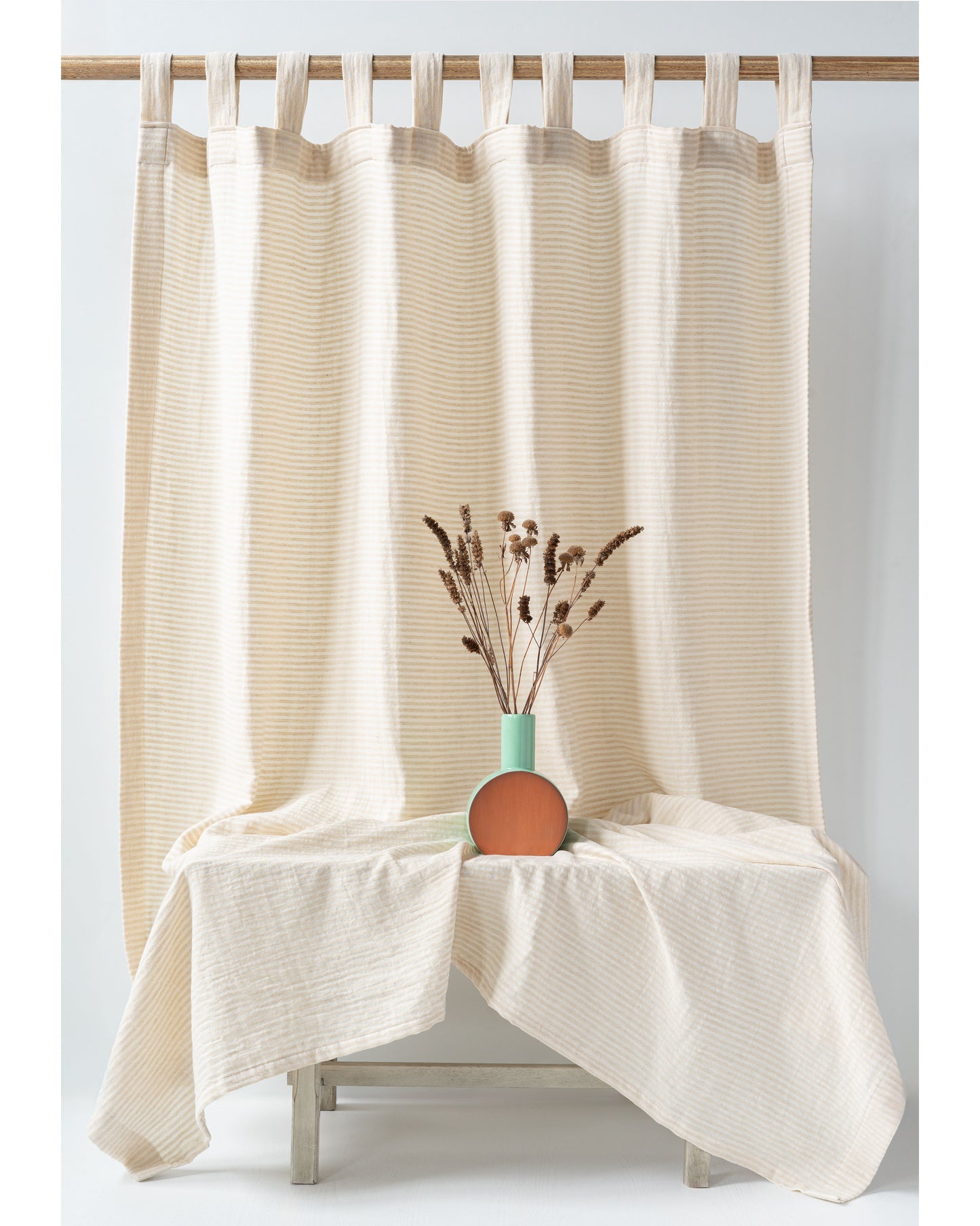 White Beige Striped Muslin Curtain