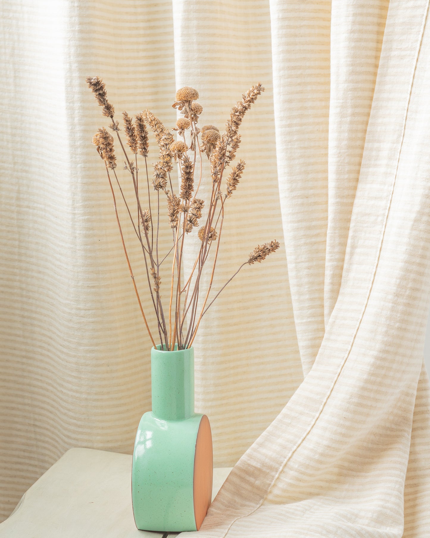 White Beige Striped Muslin Curtain