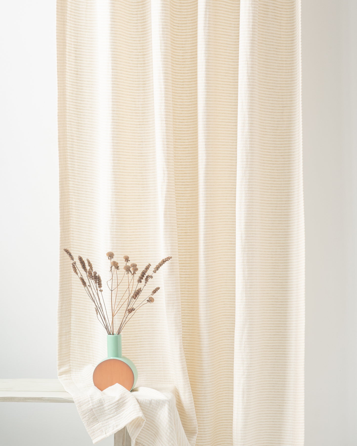 White Beige Striped Muslin Curtain