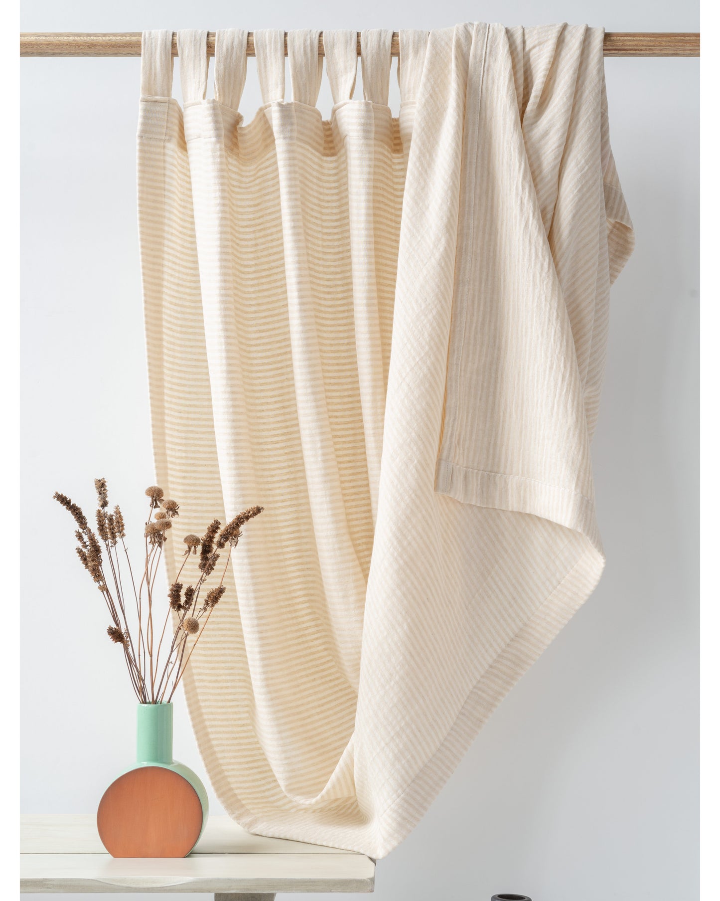 White Beige Striped Muslin Curtain