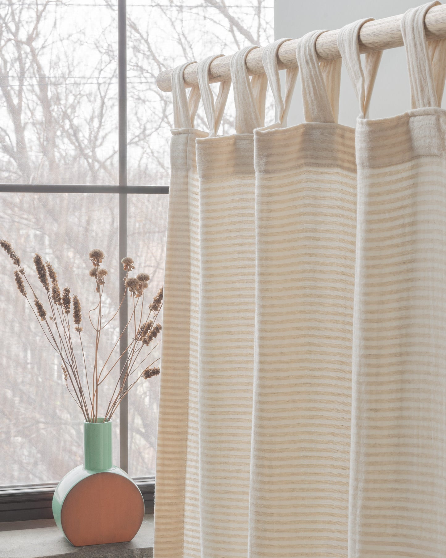 White Beige Striped Muslin Curtain